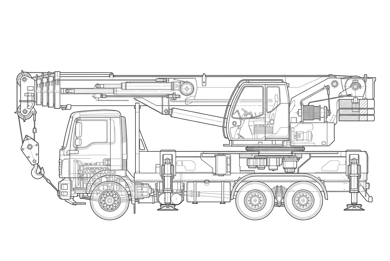 Technical drawing of a mobile truck-mounted crane — telescopic boom, outriggers, operator cab and carrier chassis.